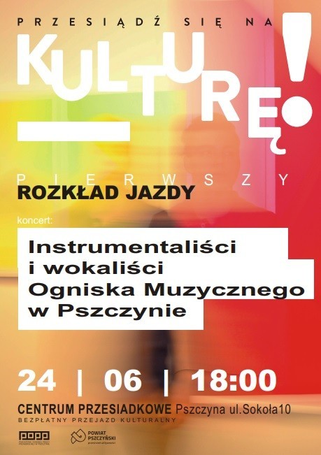 czerwono-żołto-pomarańczowy plakat informujący o nazwie zespołu i dacie wydarzenia.