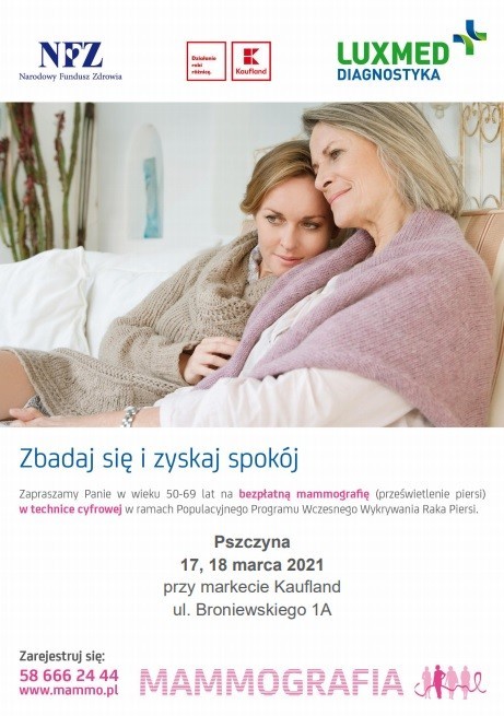 Siedzące pod kocem dwie kobiety. Jedna jest młodsza, a druga starsza. Przytulają się do siebie. Poniżej treść plakatu.