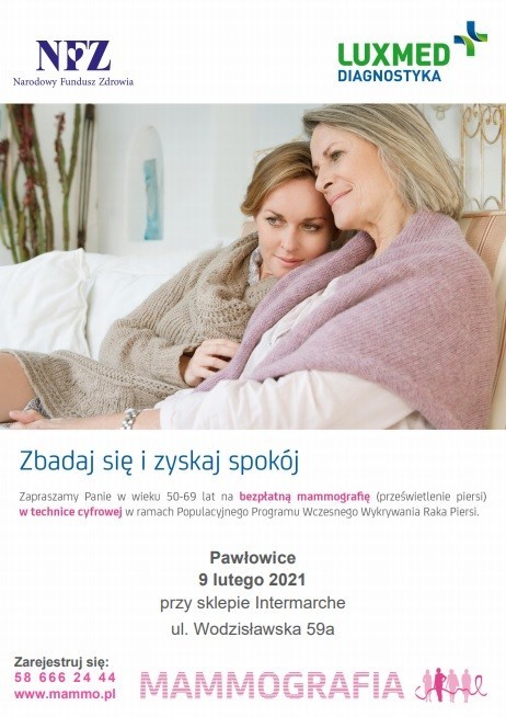 Siedzące pod kocem dwie kobiety. Jedna jest młodsza, a druga starsza. Przytulają się do siebie. Poniżej treść plakatu.