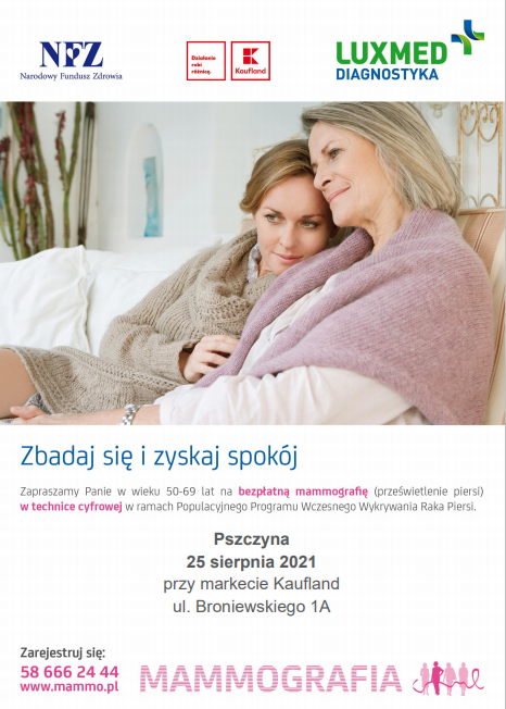 Plakat przestawiający dwie kobiety, matkę i córkę, które siedzą pod kocem i przytulają się do siebie. Na plakacie zamieszczona informacja o miejscu i terminie badania.
