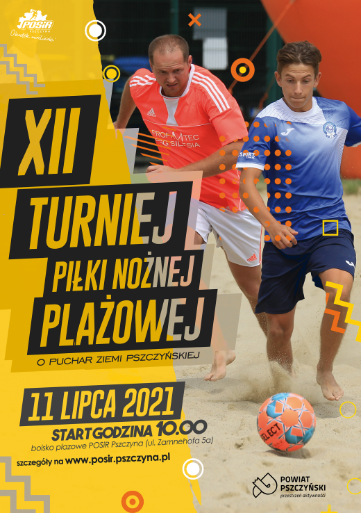 Plakat przedstawia dwóch mężczyzn grających na boisku piaskowym w piłkę nożną. Zawiera informacje na temat turnieju.