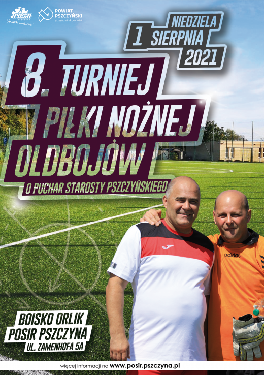 Plakat z informacja na temat VIII Turnieju Piłki Nożnej Oldbojów. Na nim dwaj starsi mężczyźni w strojach piłkarskich.