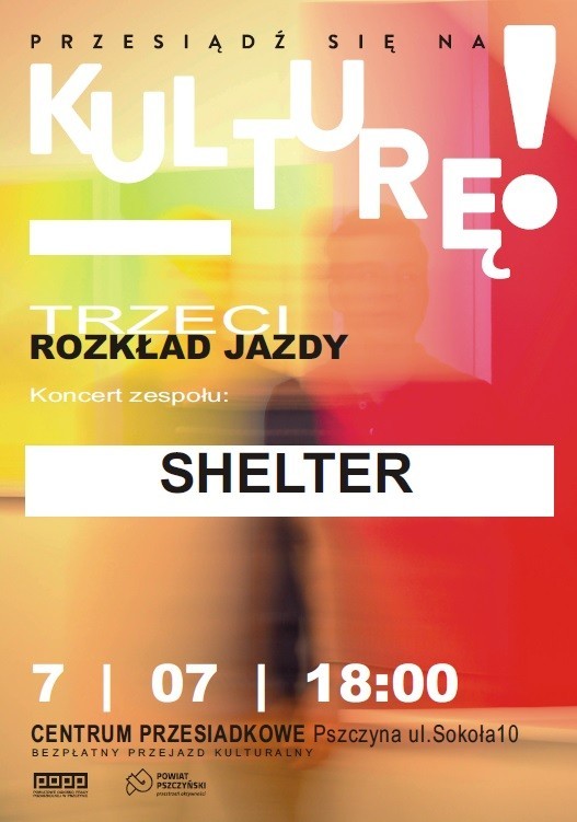 Różnokolorowy plakat z informacją o koncercie Shelter w ramach Przesiądź się na kulturę. Informacje w tekście.