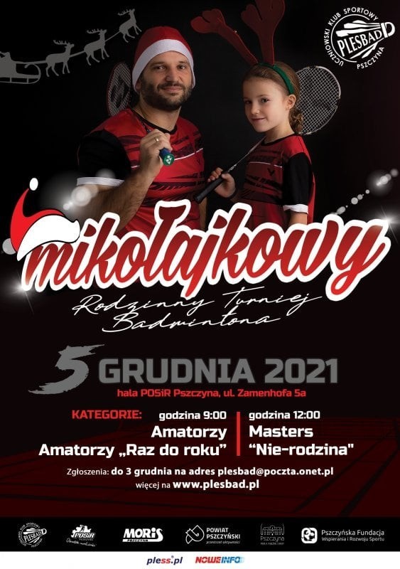 Plakat przedstawiający informacje o turnieju badmintona.