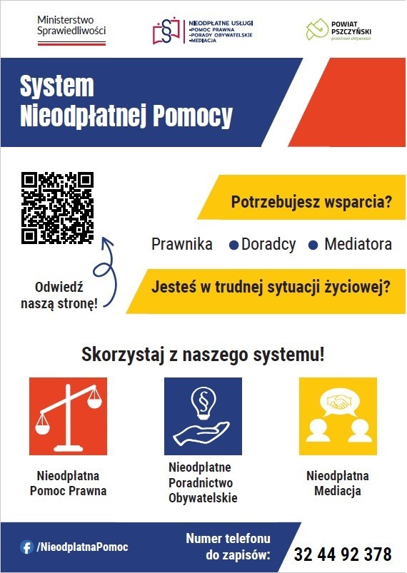 Plakat dotyczący nieodpłatnej pomocy prawnej.