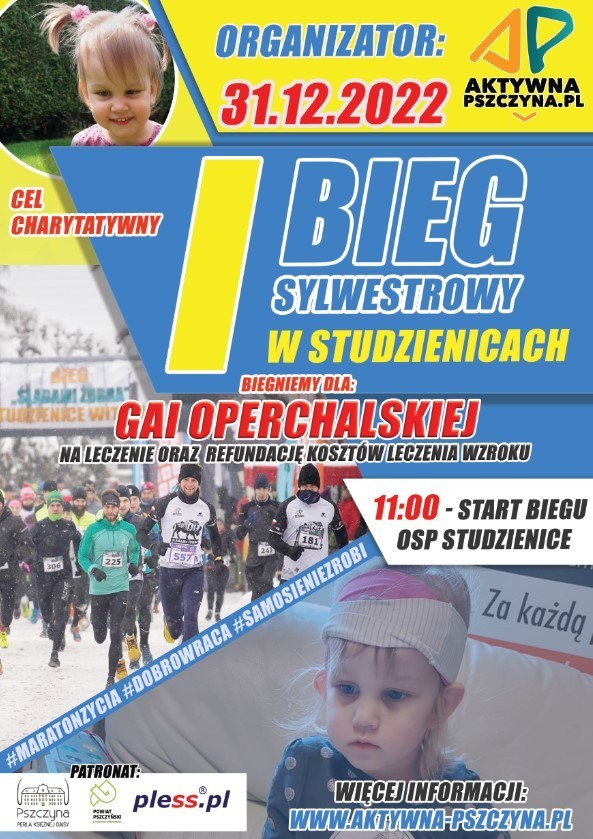 Plakat informujący o biegu, zdjęcie dziewczynki i biegaczy.