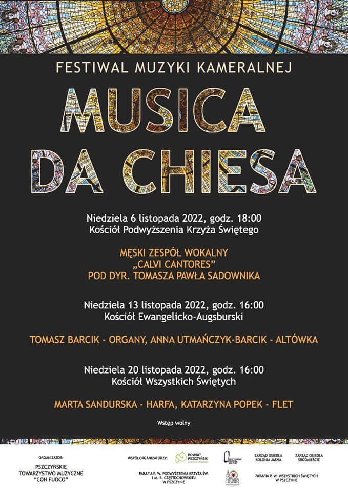 Plakat wydarzenia Musica da Chiesa z informacjami o koncertach i wykonawcach oraz logami organizatorów