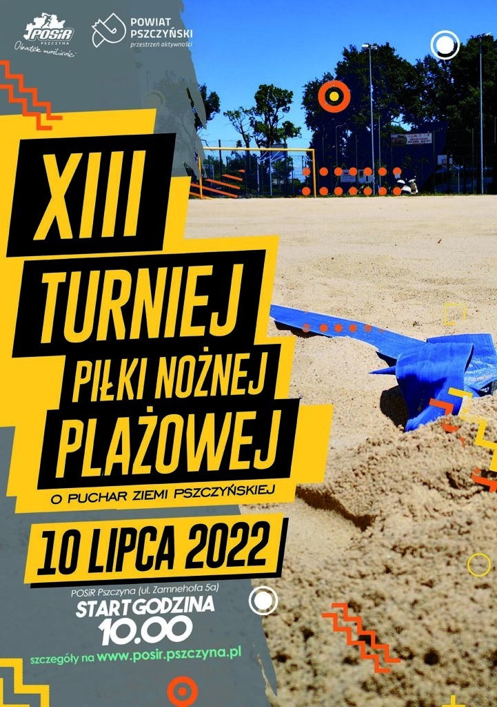 Plakat z boiskiem do siatkówki z informacją o dacie turnieju.