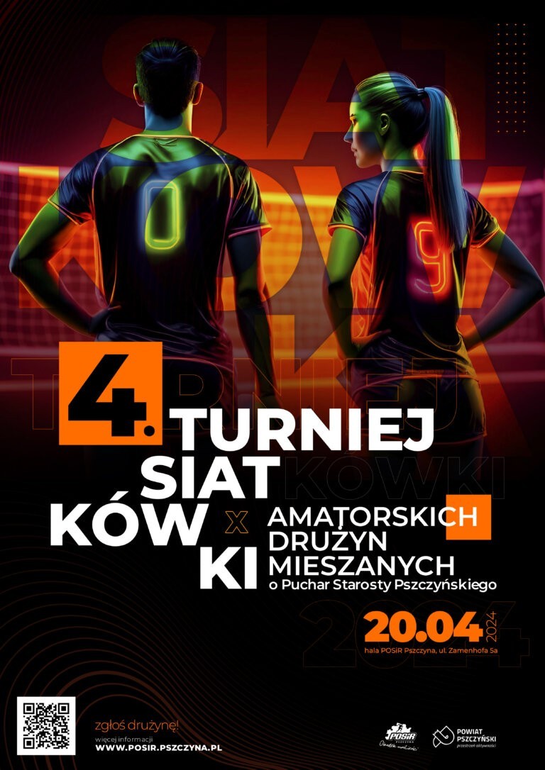 Plakat z informacją o turnieju siatkówki.