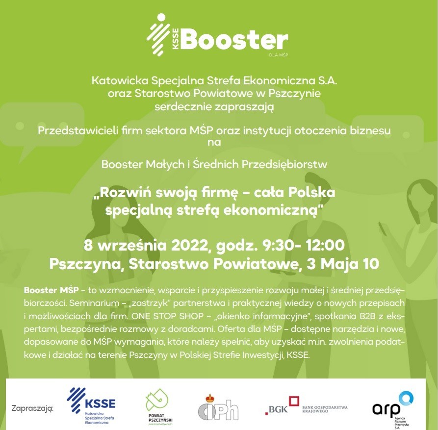 Zielony plakat informujący o boosterze, treść w tekście