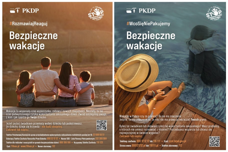 Grafika zawierająca dwa plakaty, rodzinę na pomoście i dwie dziewczyny, jedna siedzi przy wodzie, a jedna znajduje się w wodzie.
