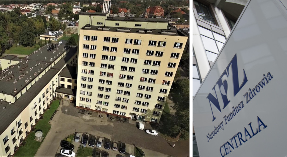 Budynek szpitala oraz logo NFZ