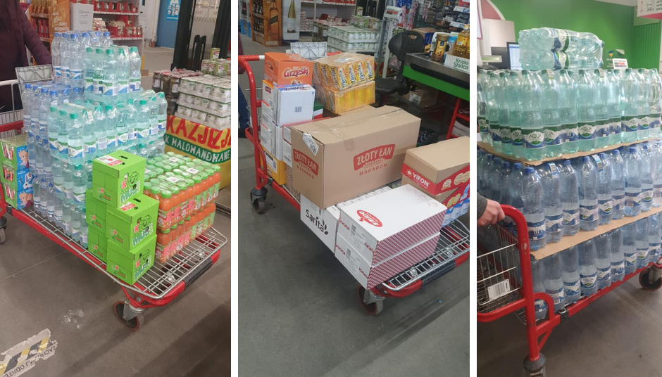 Trzy zdjęcia z darami rzeczowymi - wodą, cukrem, sokami