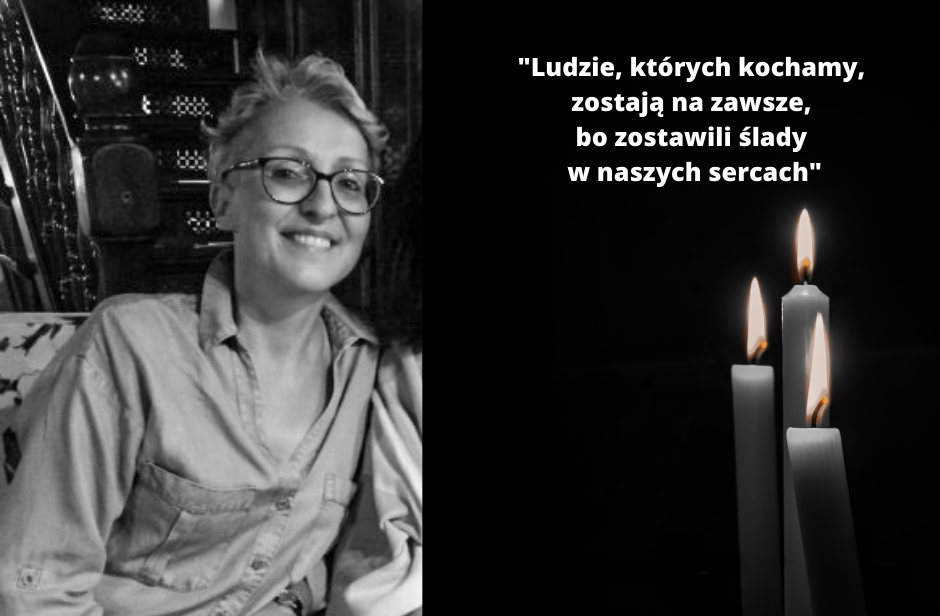 Czarno-białe zdjęcie uśmiechniętej Doroty Zywert, napis oraz trzy świeczki.