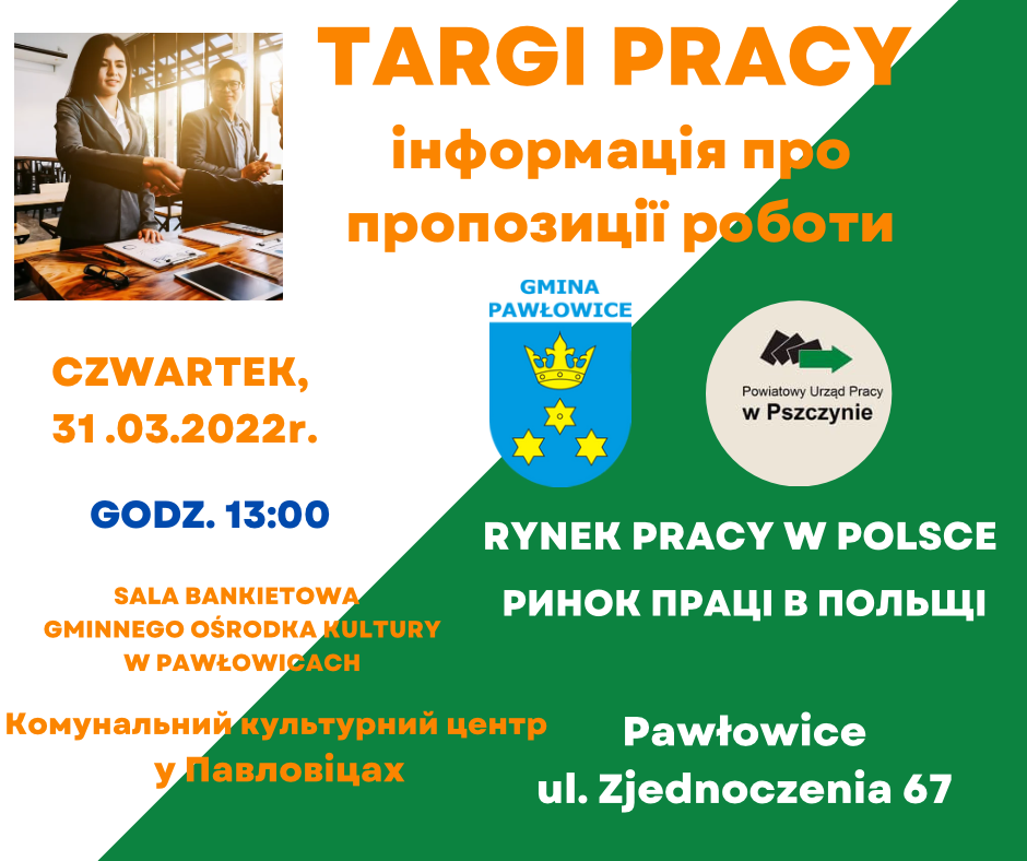 Plakat z informacjami po ukraińsku nt. targów pracy.