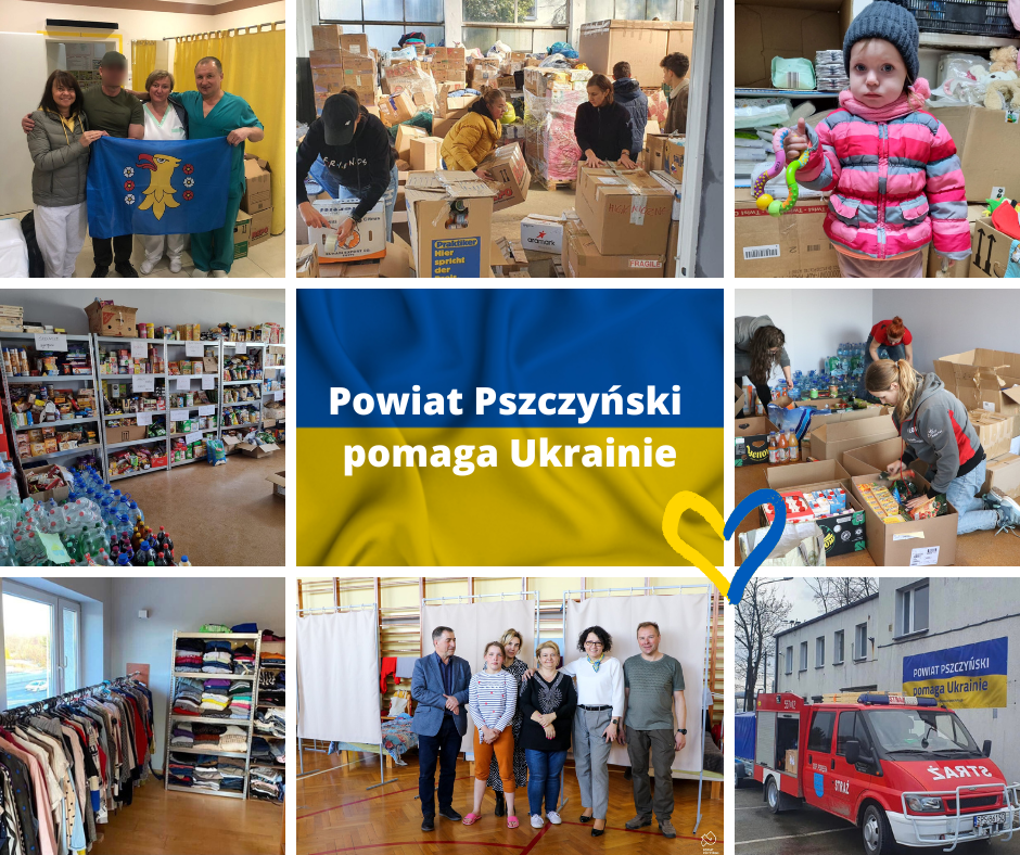 Kolaż zdjęć przedstawiającymi pomoc Ukrainie niebiesko-żółta flaga