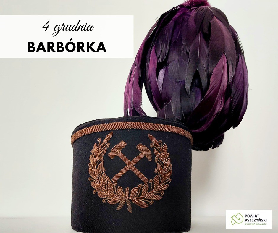 kapelusz górniczy z czarnym pióropuszem oraz napis 4 grudnia Barbórka