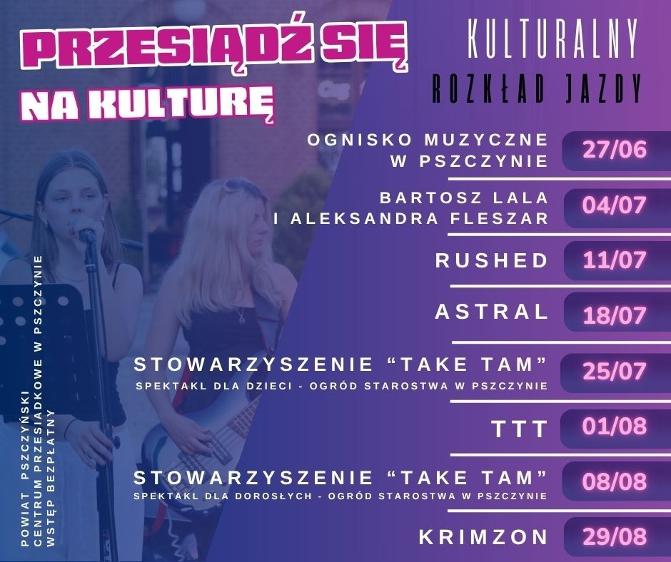 Grafika fioletowa z rozkładem koncertów, treść w tekście.