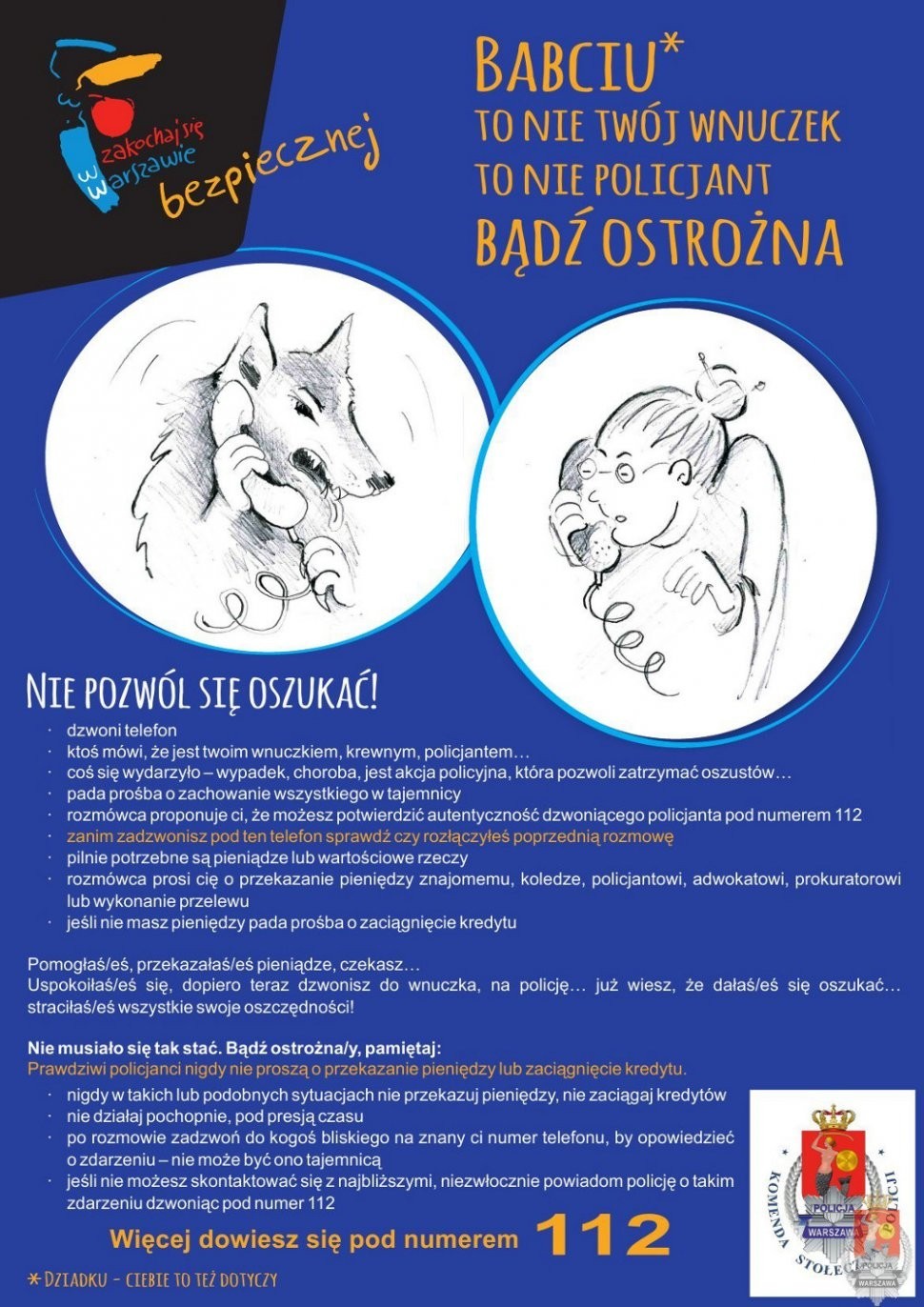 Niebieski plakat informujący o próbach oszustwa na wnuczka.