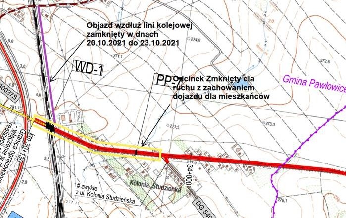 Mapa z wyznaczonym objazdem w Pawłowicach.