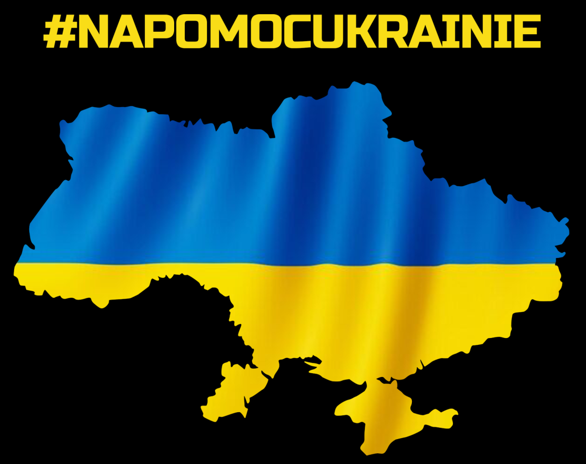 plakat - na czarnym tle mapa ukrainy w niebiecko-czerwonych barwach oraz szczegóły zbiórki