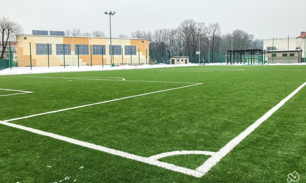 Boisko piłkarskie ze sztuczną nawierzchnią w kolorze zielonym. W oddali widoczna bramka oraz hala sportowa.