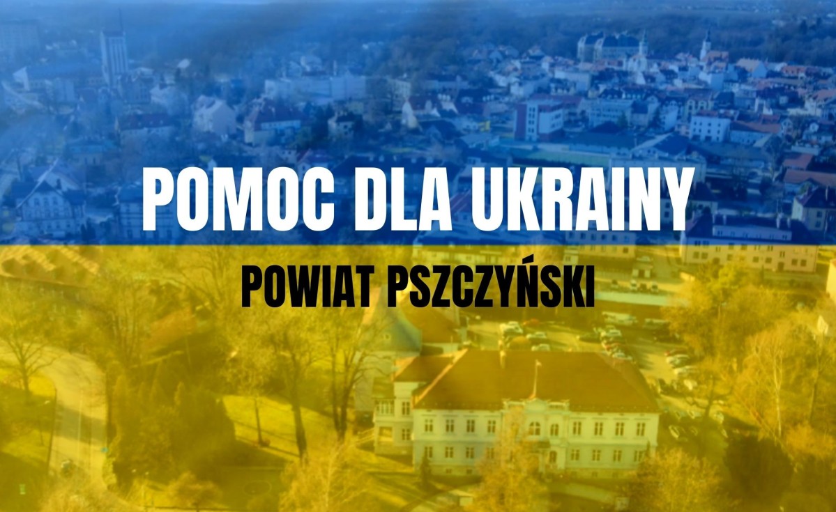 Grafika przedstawiająca powiat pszczyński z lotu ptaka, na zdjęciu naniesiona flaga Ukrainy.