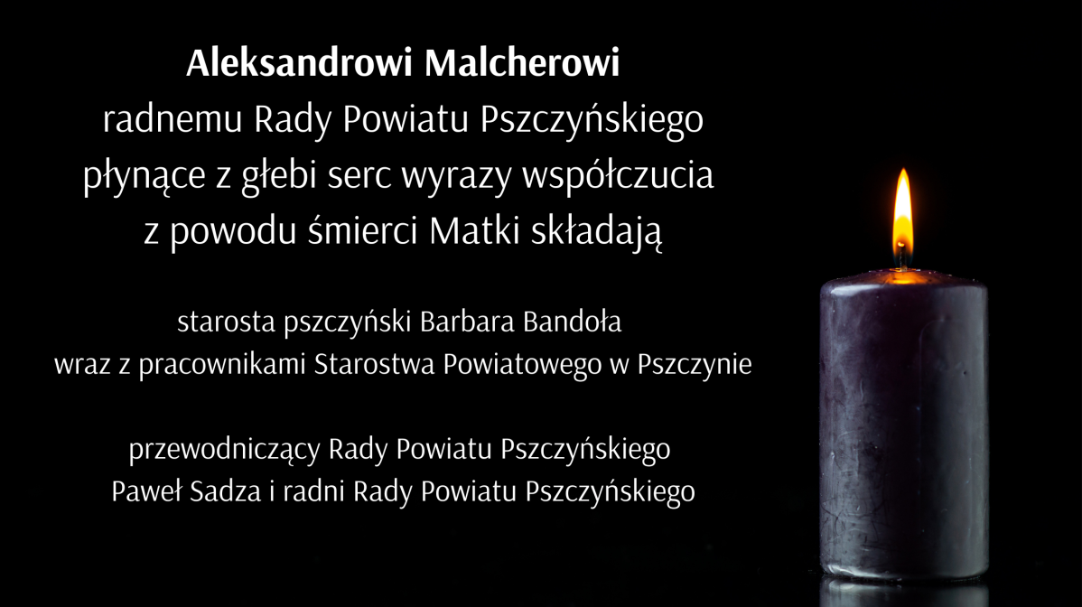Czarna grafika ze świecą i białym tekstem kondolencji.