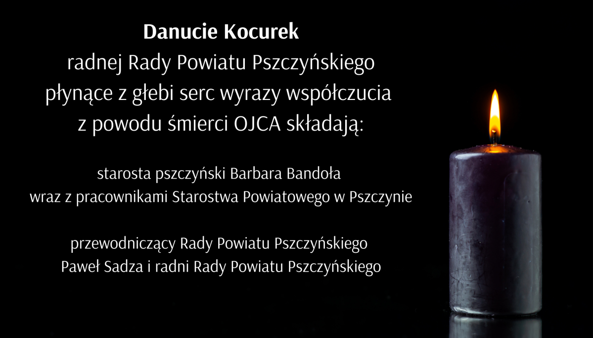 Czarne tło z tekstem kondolencji, obok zaświecona świeca.