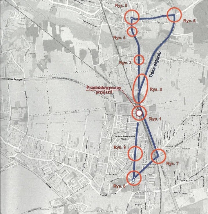Mapa z wyznaczonym objazdem.