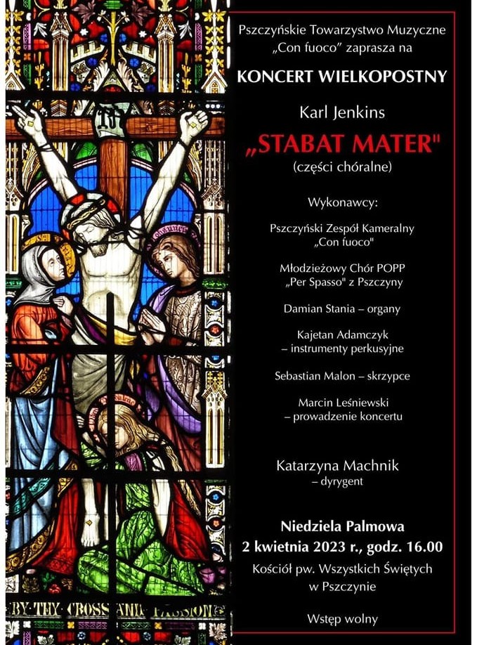 Plakat informujący o wydarzeniu, informacje i obraz witrażu.