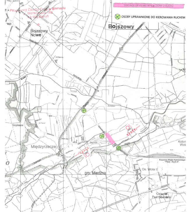 Mapa z zaznaczonym wyłączonym odcinkiem.