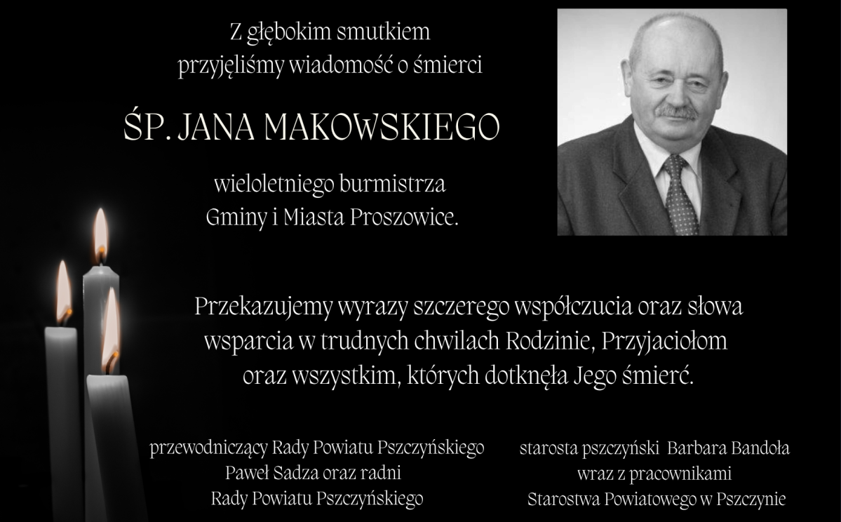 Czarna grafika ze świecą i białym tekstem kondolencji. Obok zdjęcie zmarłego.