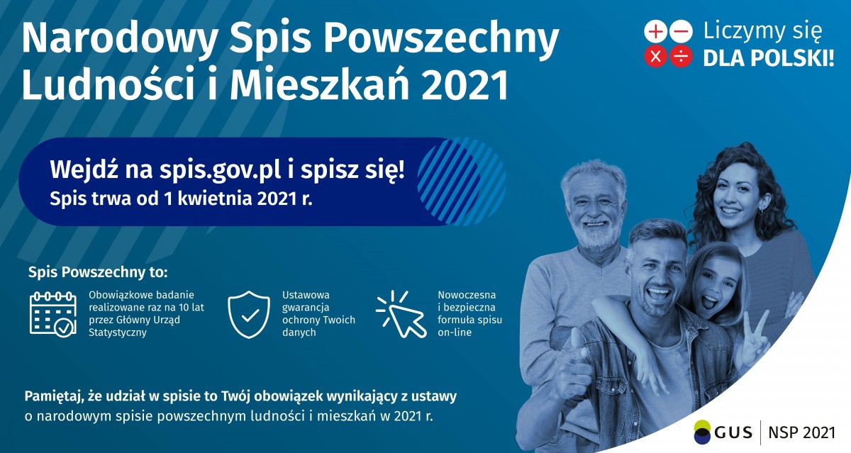 Niebieski baner informujący o Narodowym Spisie Powszechnym, który rozpocznie się 1 kwietnia. Na plakacie czteropokoleniowa, uśmiechnięta rodzina.