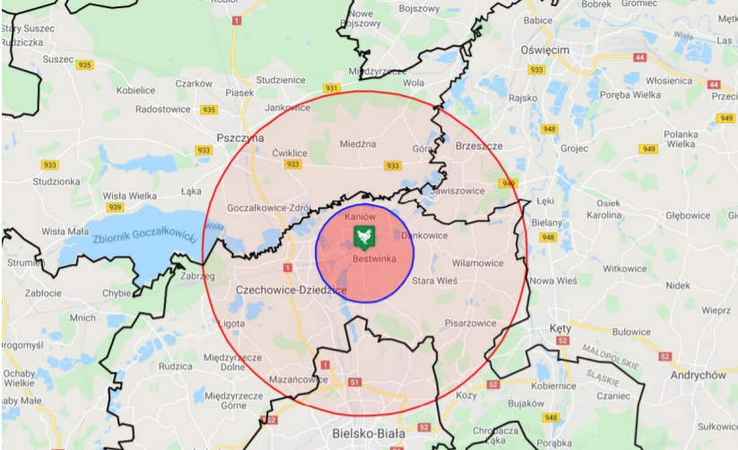 Mapa przedstawiająca zakreślony w czerwonym kole obszar zagrożenia.