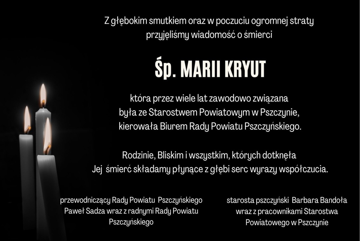 Czarna grafika ze świecami z białym tekstem kondolencji.