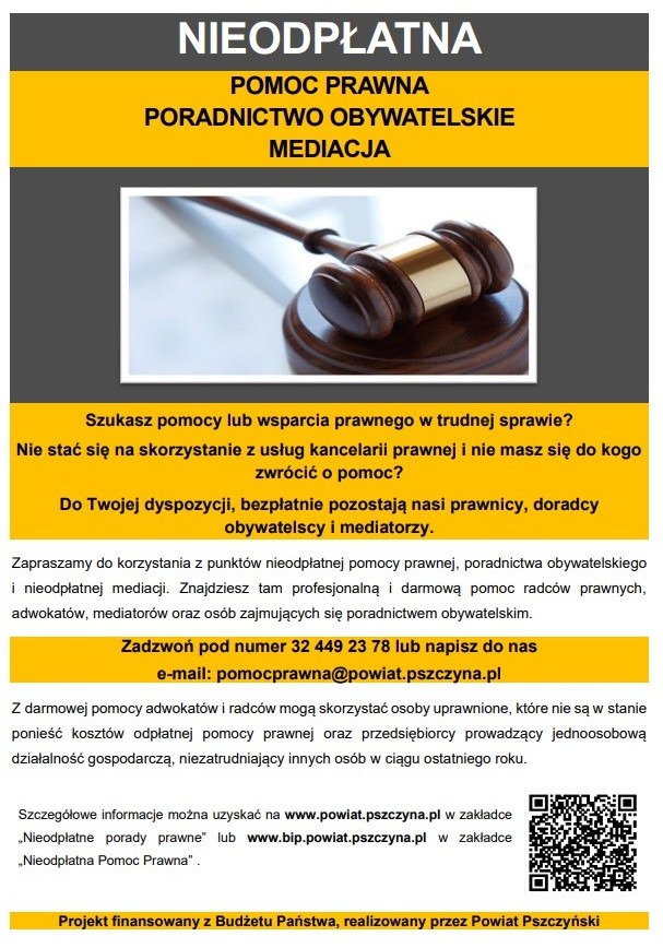 Plakat na temat porad prawnych, treść zawarta w tekście i pod plakatem.