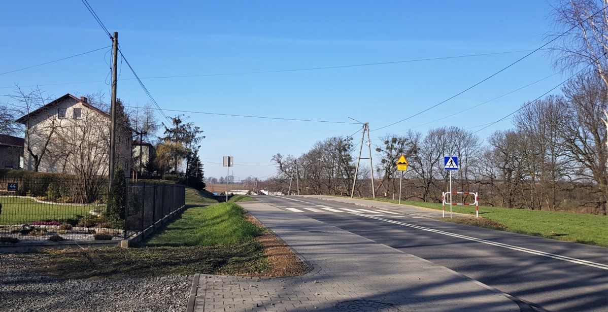 Droga, a wzdłuż niej chodnik. Na poboczu rosną drzewa, a po przeciwnej stronie posadowione są domy i płoty.