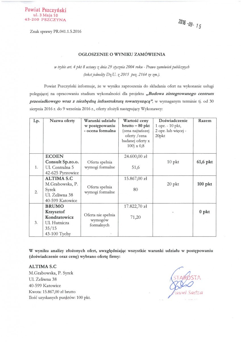 ogłoszenie o wyniku zamówienia