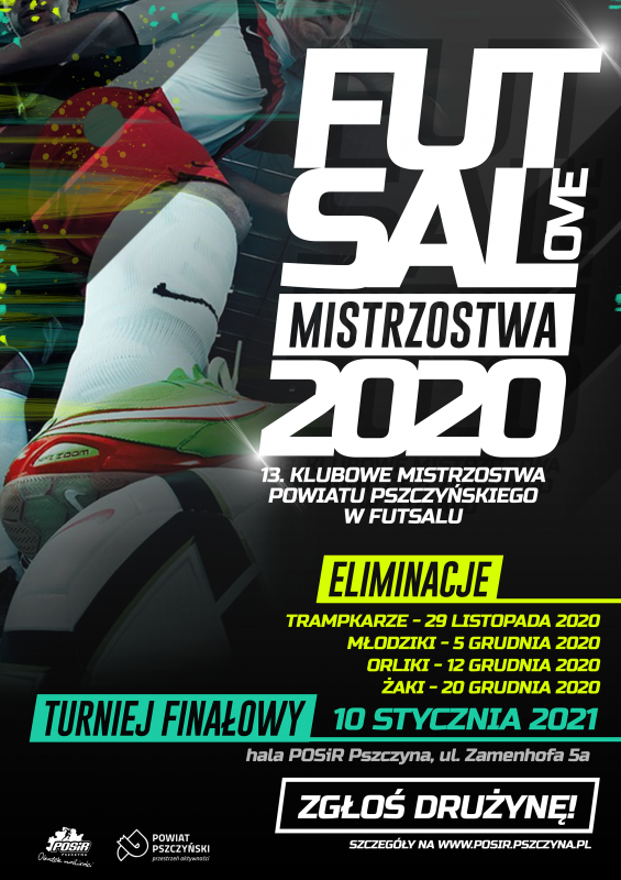 Plakat przedstawia informacje na temat mistrzostw. Widać na nim piłkarza trzymającego nogę na piłce.