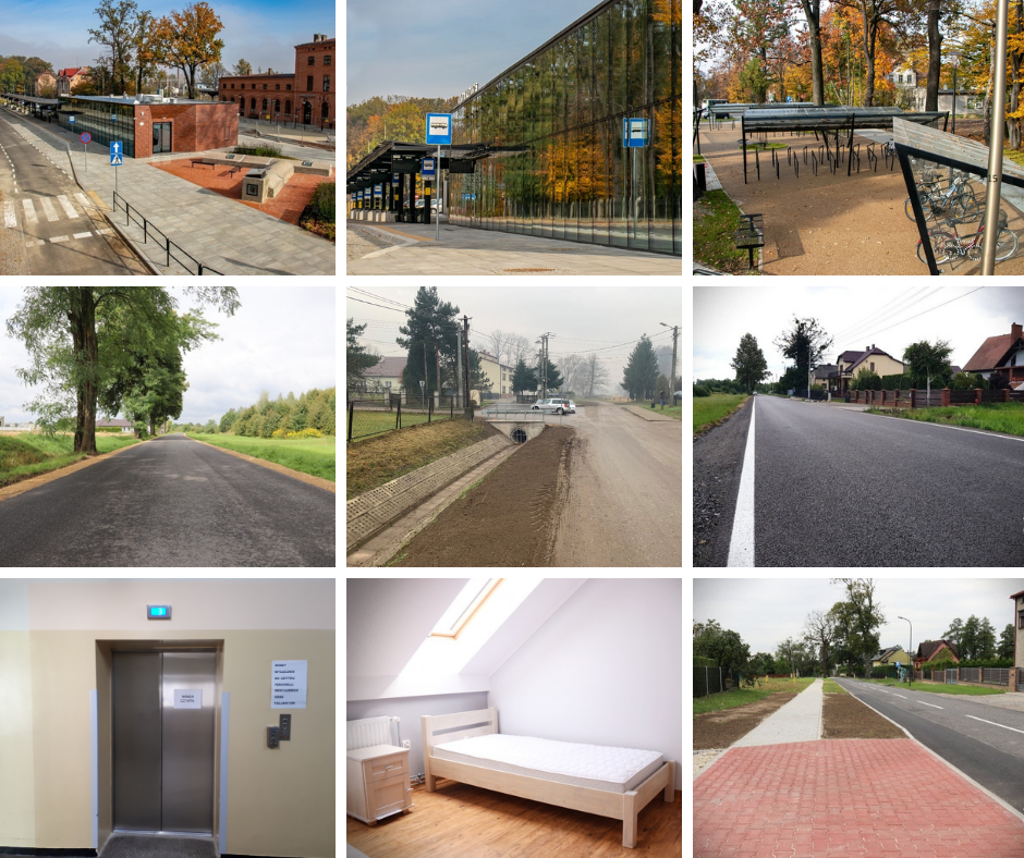 Grafika składa się z 9 zdjęć, trzy górne obrazują centrum przesiadkowe w Pszczynie, kolejne - wyremontowane drogi, windę w szpitalu i pokój internatu.