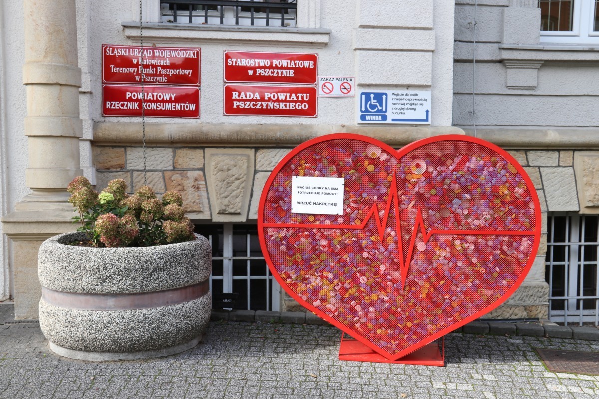 Na zdjęciu widać duże czerwone serce wykonane z siatki. Pojemnik na nakrętki stoi przed budynkiem Starostwa Powiatowego w Pszczynie. Serce jest pełne kolorowych, plastikowych nakrętek.