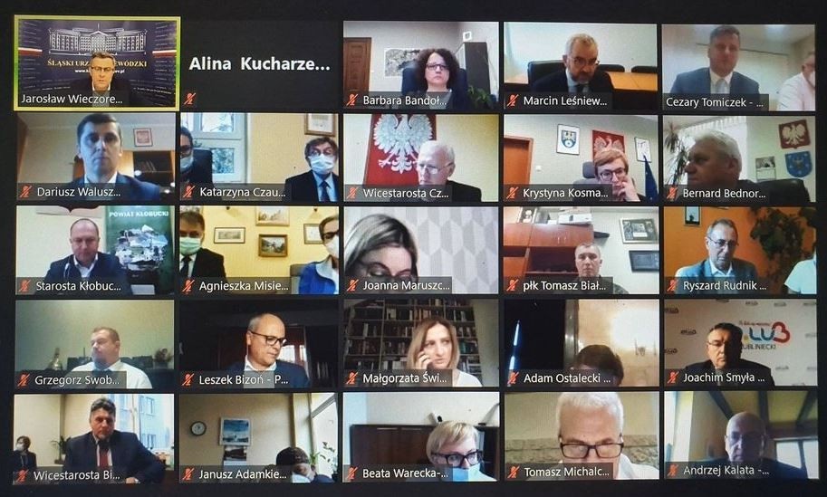 Grafika przedstawia zdjęcie ekranu laptopa z trwającym spotkaniem online w platformie internetowej. W małych kwadracikach widocznych jest 25 osób które uczetsniczą w spotkaniu.