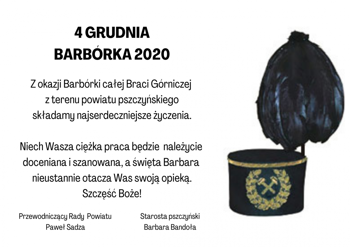 Grafika przedstawia tekst życzeń. Z prawej strony umieszczona jest czapka górnicza z czarnym pióropuszem.