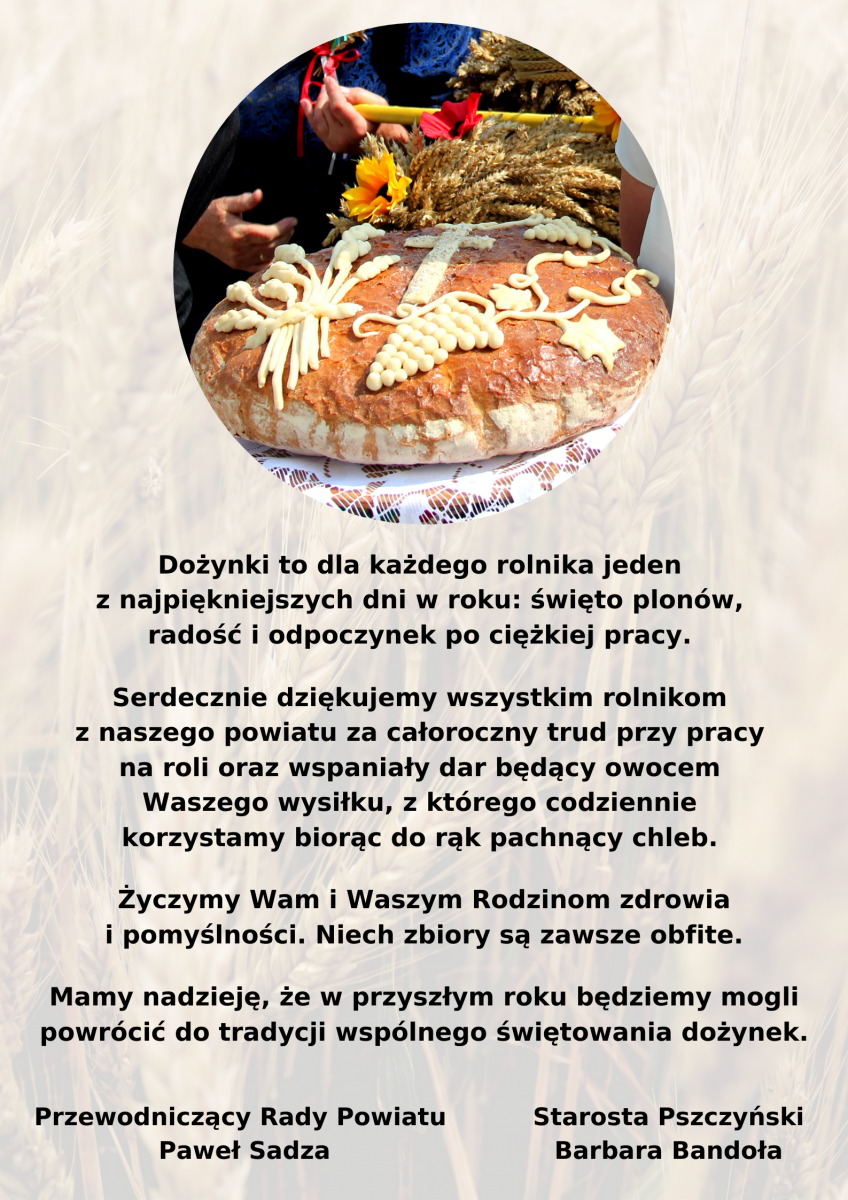 Grafika na tle kłosów zbóż z życzeniami dla Rolników z okazji dożynek. Na samej górze w kole znajduje się zdjęcie udekorowanego chleba dożynkowego.
