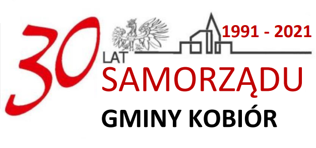 Grafika z napisem 30-lat samorządu Gminy Kobiór 1991-2021, symbol orła.
