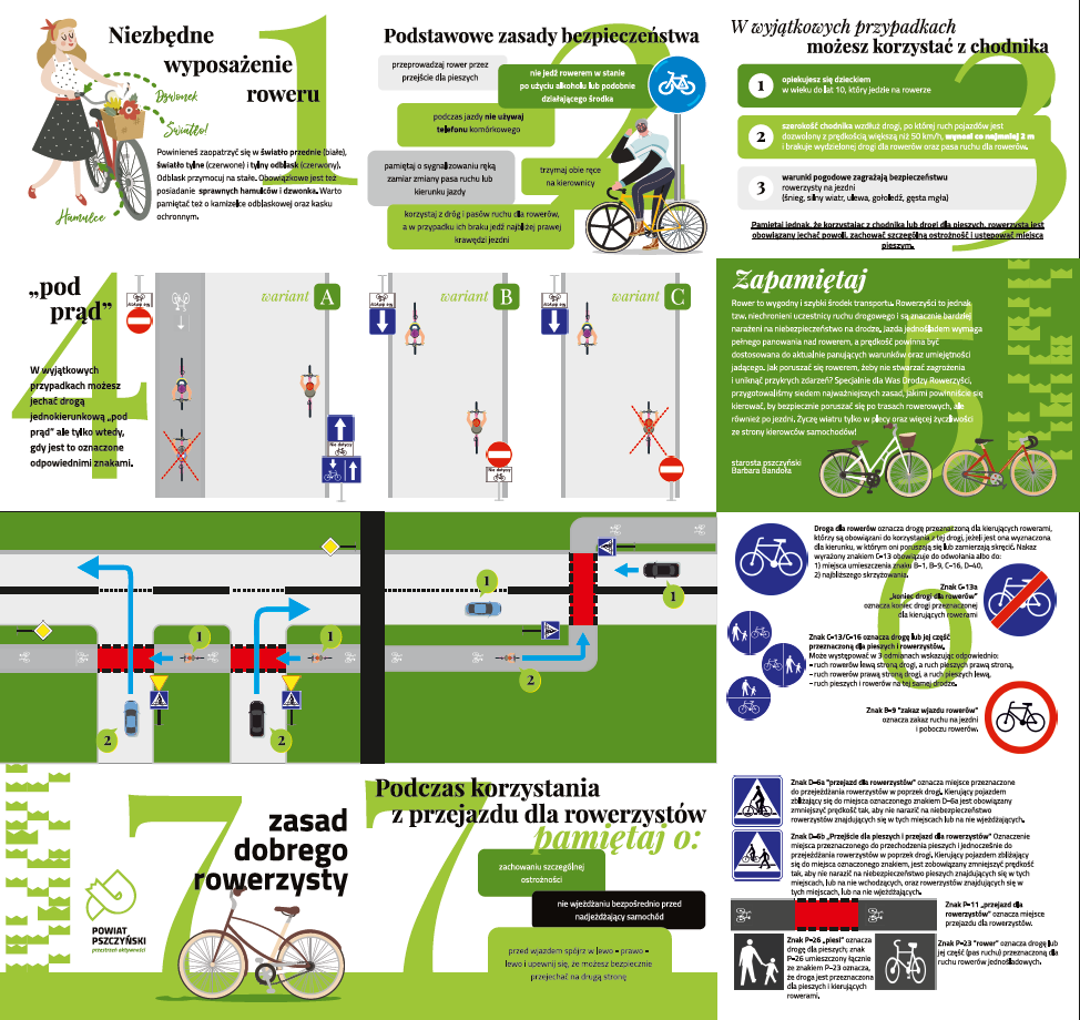 Ulotka z opisanymi 7 zasadami dobrego rowerzysty, znakami drogowymi oraz elementami graficznymi w postaci rowerzystów, rowerów i ich wyposażenia.