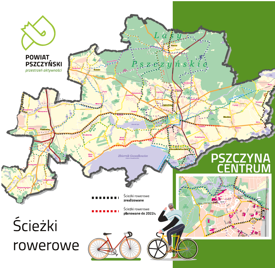 Mapka z zaznaczonymi trasami rowerowymi w powiecie pszczyńskim oraz elementami graficznymi