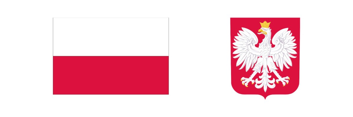 Z lewej strony grafiki znajduje się biało-czerwona flaga Polski, natomiast z prawej - godło - biały orzeł w koronie na czerwonym tle.