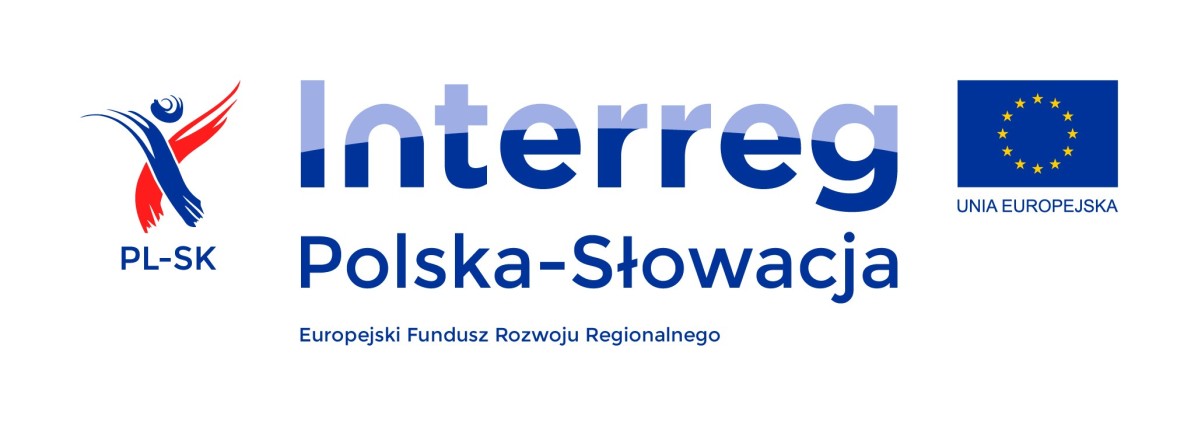 Logotyp programu Interreg Polska napis Polska Słowacja Europejski Fundusz Rozowju Regionalnego, logo Unii Europejskiej